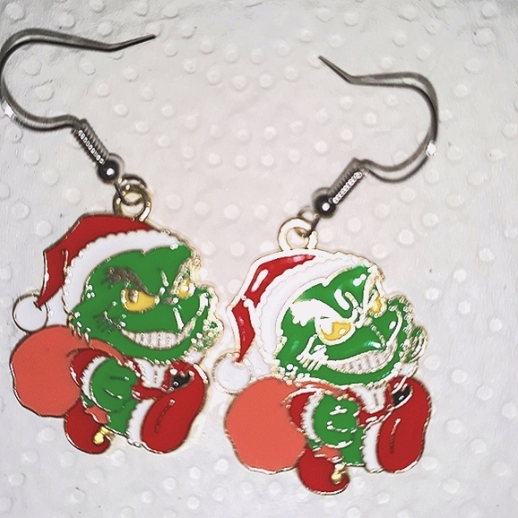 Grinch Dangle Earrings "Santa with Toy" Sack Grinch Style Jewelry NEW - Picture 4 of 7